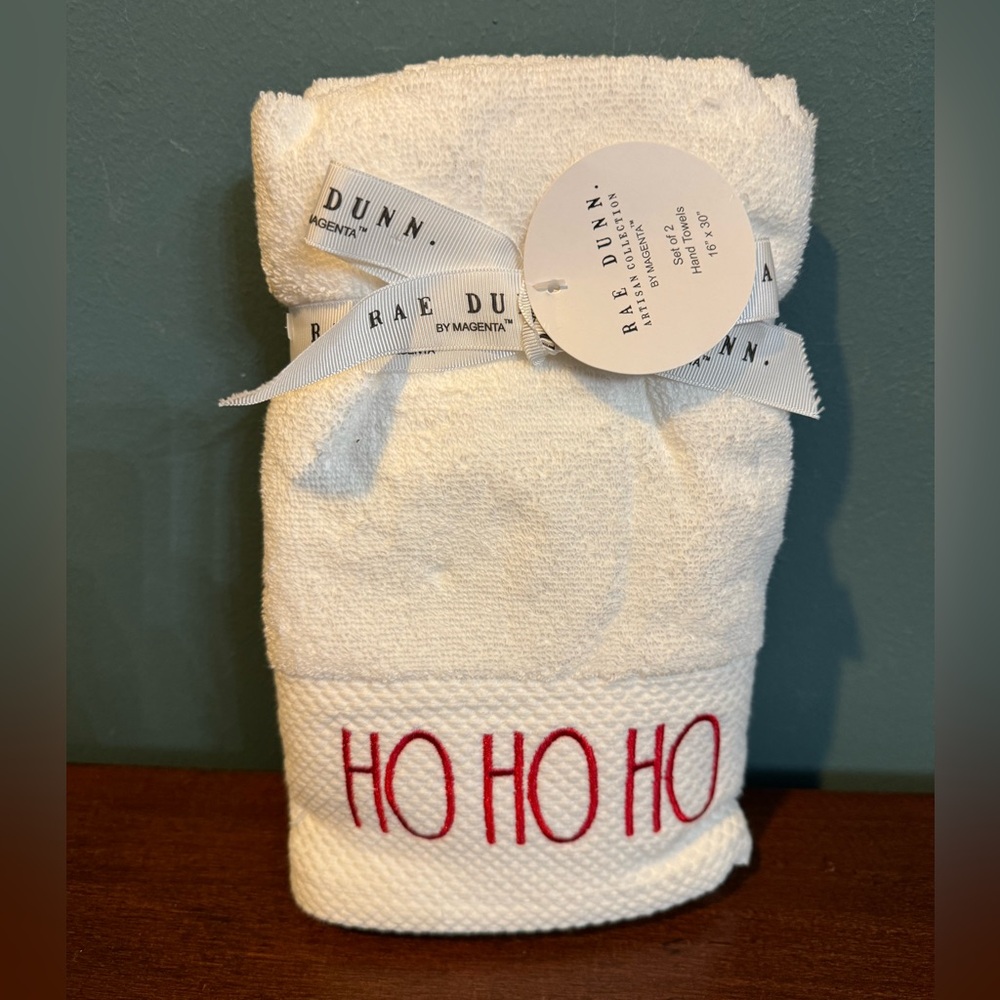 Rae Dunn Christmas “Ho Ho Ho” Hand Towel Set of 2 NWT
